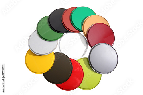 lids of colorful paint cans photo