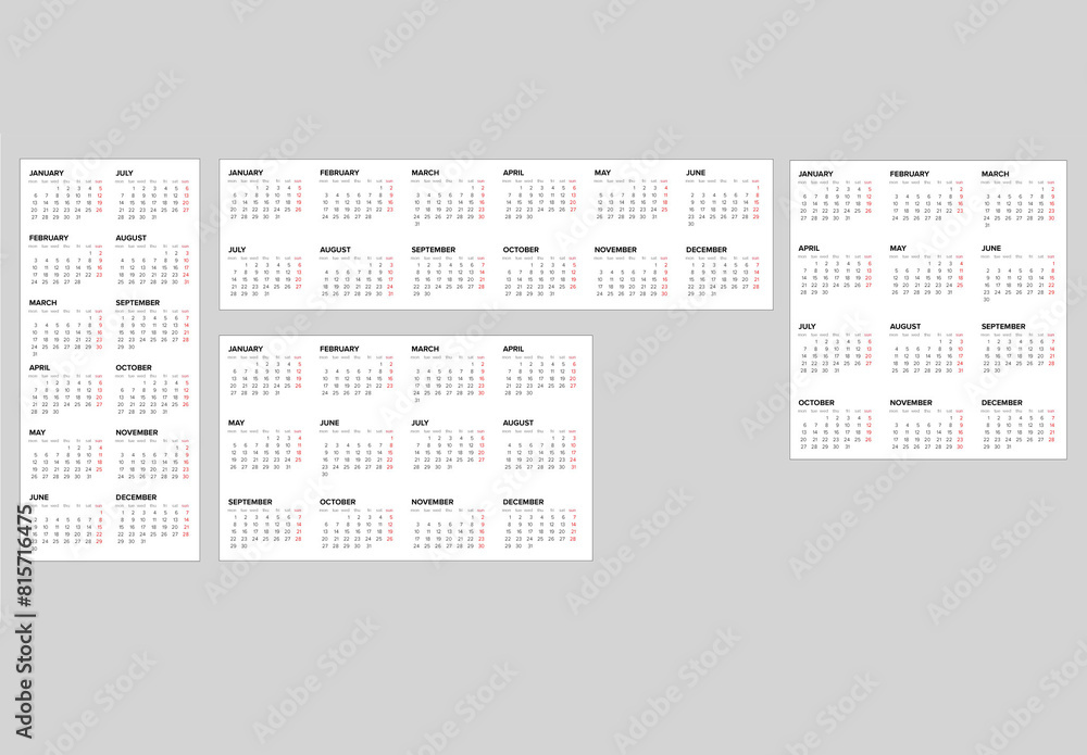 Light full year calendar layout design templates for the year 2025 (monday first day)