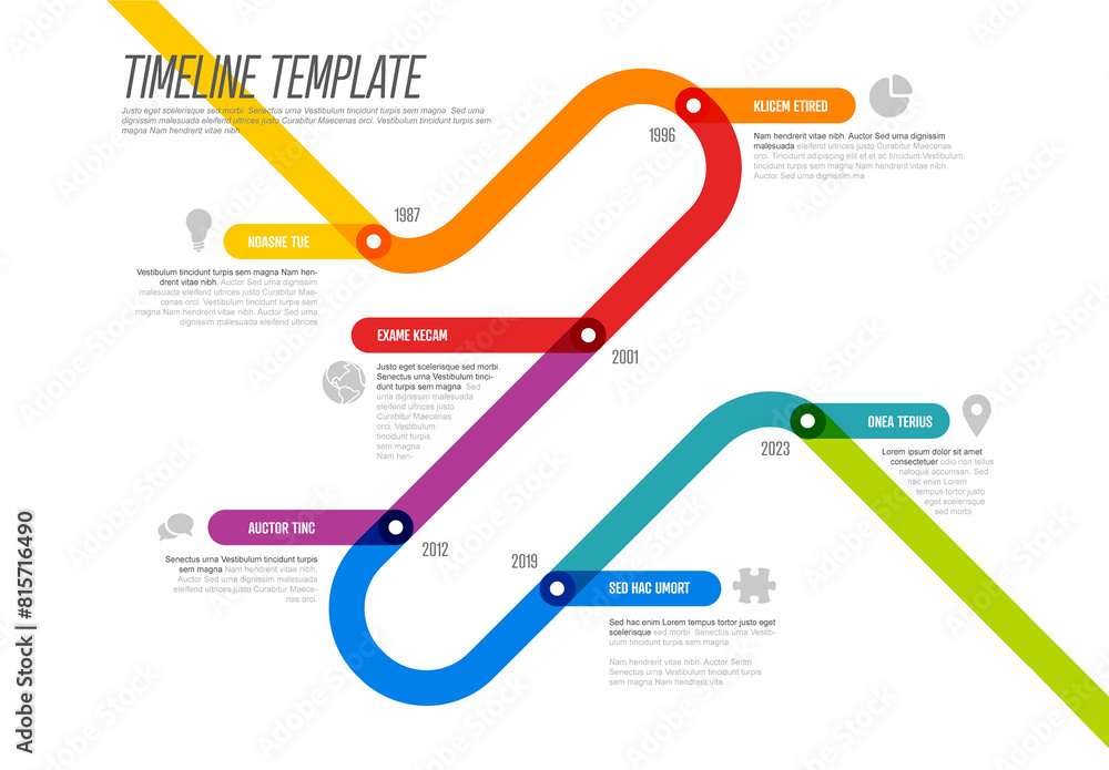 Thick line diagonal rainbow Infogrpahic timeline template with icons