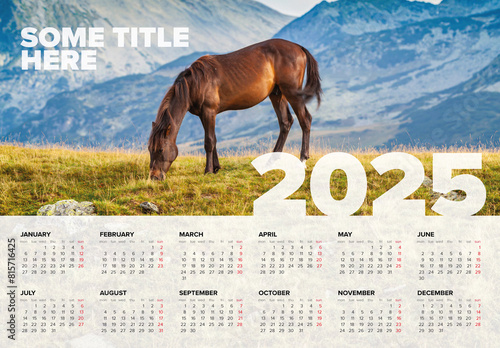 Obraz na płótnie Light full year horizontal calendar template for the year 2025 (monday first day) with a photo placeholder w salonie