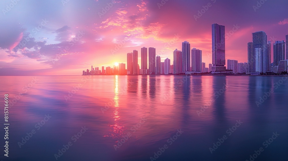 Obraz premium Dramatic cityscape bathed in the fiery hues of a sunset