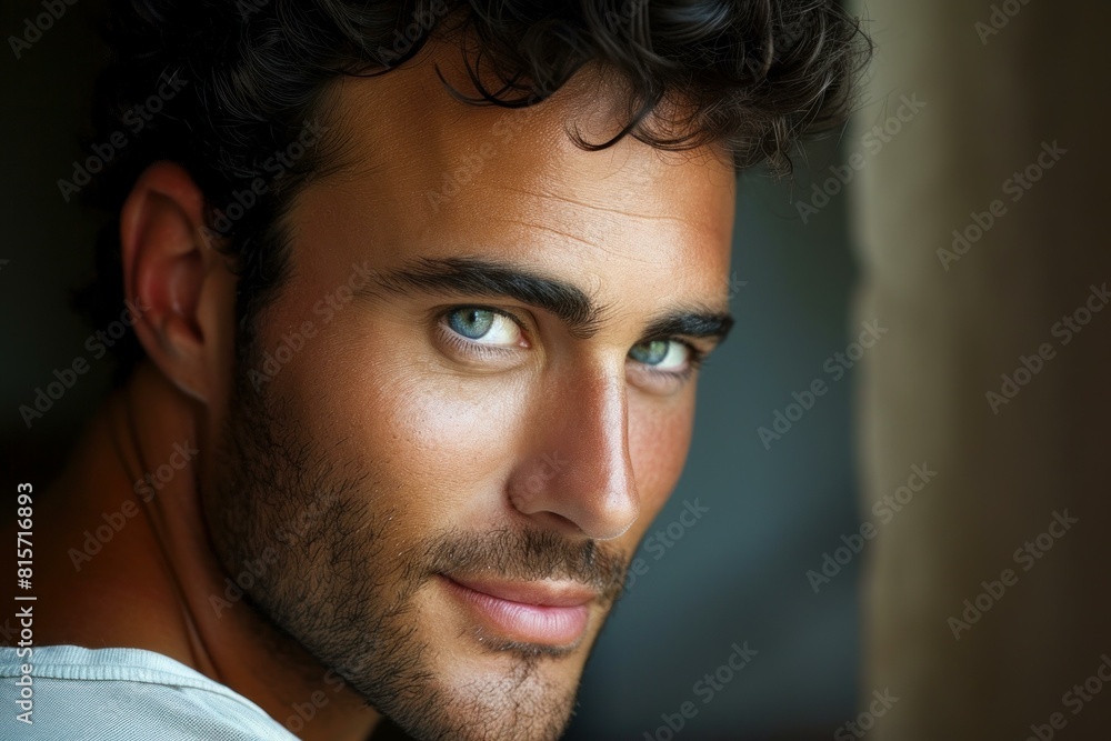 Obraz premium Close-up of a young man with striking blue eyes and a subtle smile