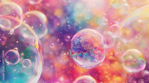 Colorful soap bubble film art with trendy blurred background and alien space planets