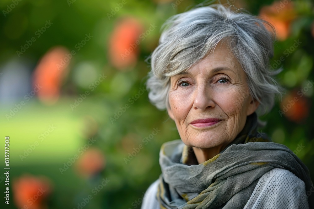 Portrait of a peaceful senior woman with a gentle smile in a lush garden Portrait of a peaceful senior woman with a gentle smile in a lush garden