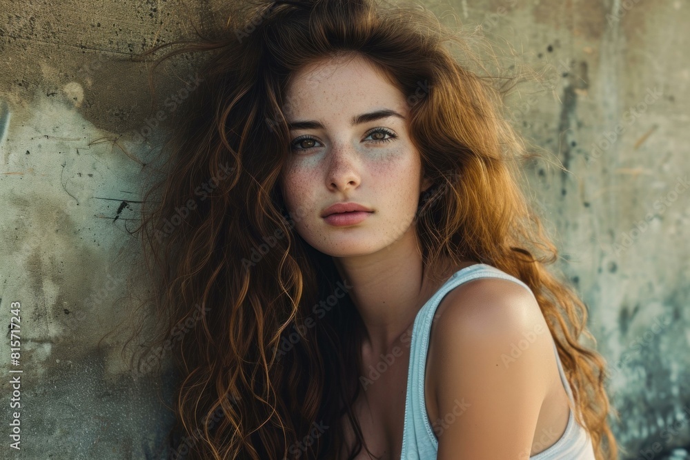 Portrait of a reflective young woman with flowing auburn hair against a textured wall Portrait of a reflective young woman with flowing auburn hair against a textured wall