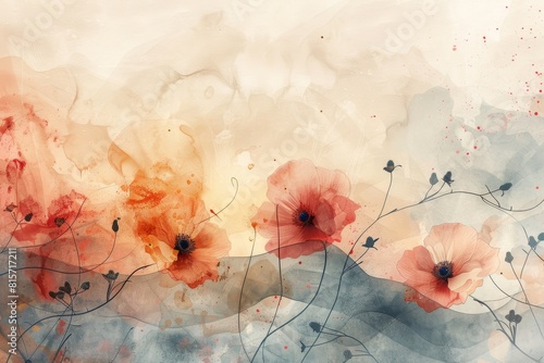 Delicate and soft watercolor textures with flowing organic lines and autumn floral details, creating a serene abstract background