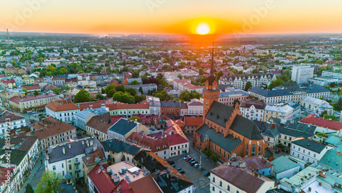 Aerial drone view of Tarnow townscape   Poland. Cathedral church of  of Holy Family and Market Square Town Hall.