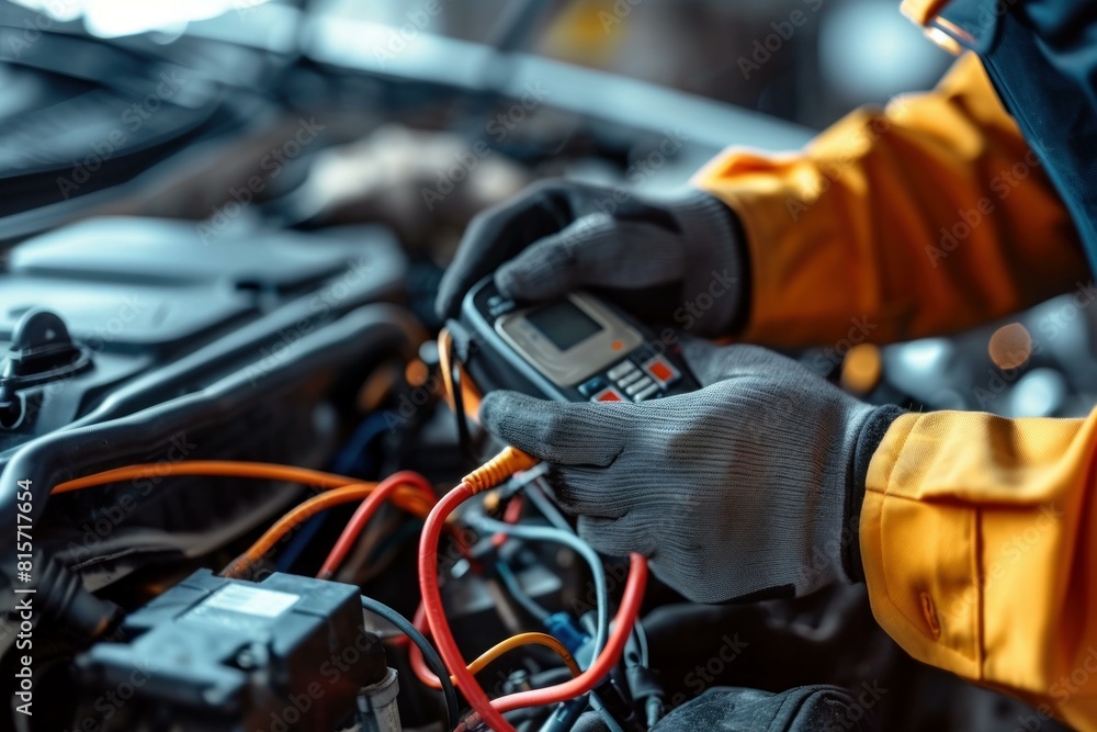 Close-up of a mechanic's hands using a digital multimeter to check a car engine Close-up of a mechanic's hands using a digital multimeter to check a car engine
