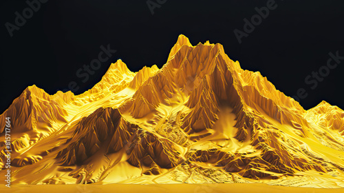 Technical visual illustration, mountain 3D LiDAR GIS aerial map mountains scan isolated against dark black background. Mountainous environment. Clear, beautiful, mapping topography data, yellow render photo