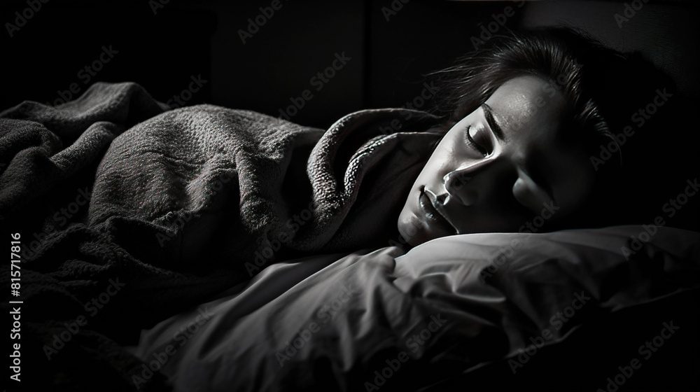 Fototapeta premium Concept of insomnia. Woman sleeps in bed at night in light of moon. AI generated.