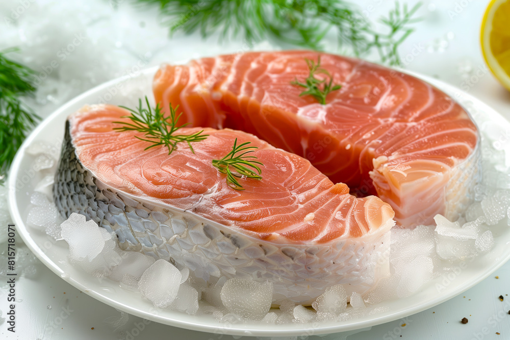 Two fish pieces on plate with ice Two fish pieces on plate with ice