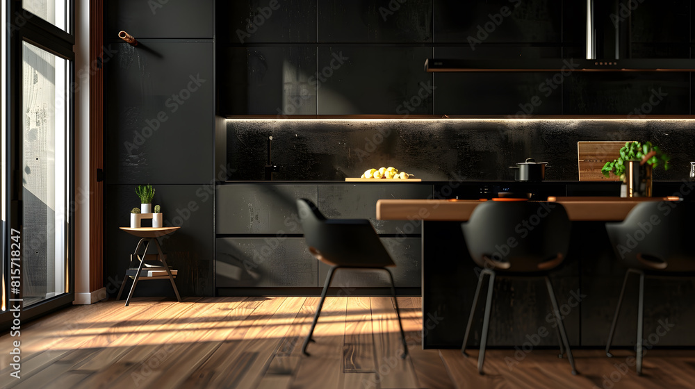 Modern kitchen with black furniture and wooden floor : Generative AI Modern kitchen with black furniture and wooden floor : Generative AI