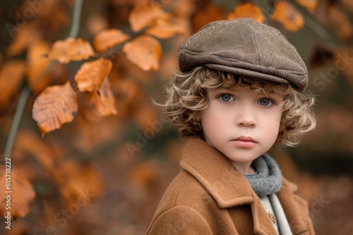 Portrait of a young child in stylish fall clothing surrounded by warm autumn leaves