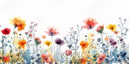 Bright and colorful watercolor flower edges on a horizontal banner  popping against a crisp white mockup background