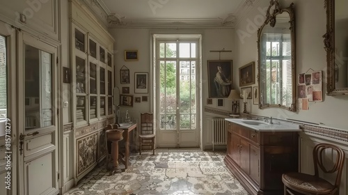 a French-style bathroom with its clean and bright atmosphere  showcasing double vanity sinks  marble walls  and mosaic tile flooring leading to a luxurious soaking tub.