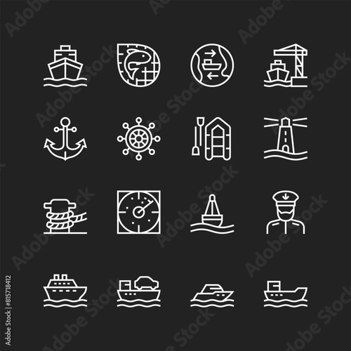 Seaport icon set, white lines on black background. Maritime industry, ships, boats, liners, yachts, cargo vessels. Customizable line thickness