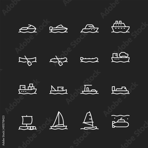 Water transportation icons, white lines on black background. Boats, motorboats, ships, yachts, tankers, submarines for work and leisure. Customizable line thickness