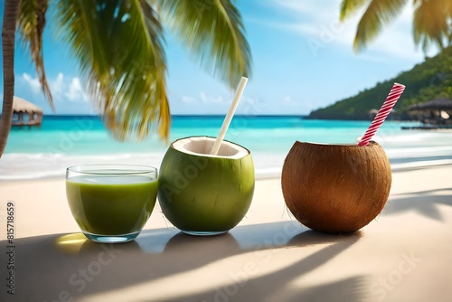 **An incredibly realistic 3D render of a fresh cold coconut juice cocktail in a coconut shell, with a straw piercing through, set against a picturesque tropical beach backdrop
