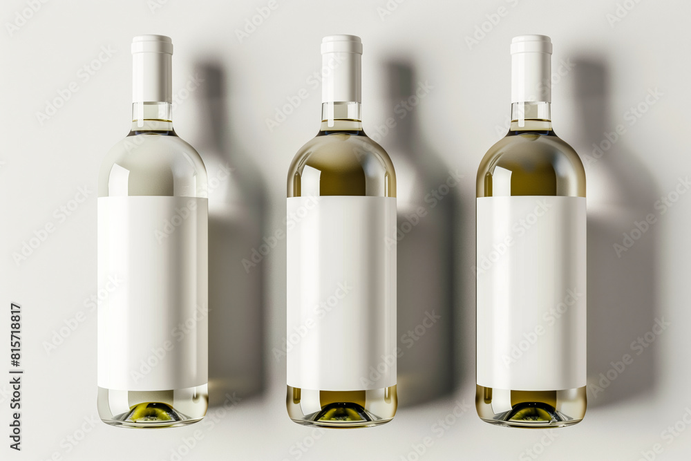 Three bottles of wine with a white label on a white surface Three bottles of wine with a white label on a white surface