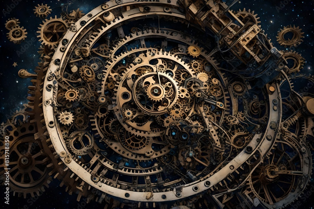 An immense, surreal clockwork mechanism, suspended in a starry void, its gears and cogs spinning with cosmic precision