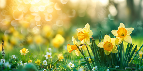 Yellow daffodils bloom in lush grass under sunlight