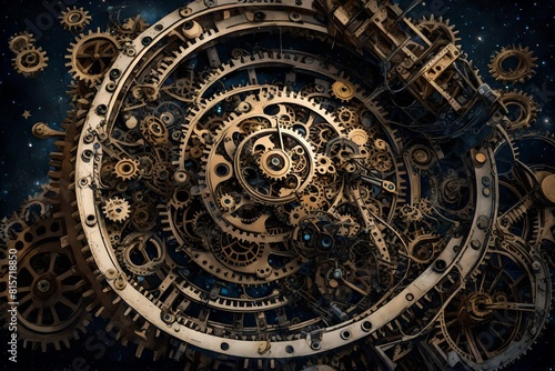 An immense, surreal clockwork mechanism, suspended in a starry void, its gears and cogs spinning with cosmic precision