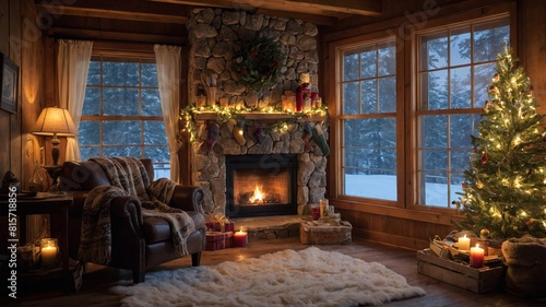 Wallpaper Mural Warmly lit living room exudes cozy atmosphere, with fireplace casting gentle glow on stone hearth adorned with festive decorations. Christmas tree, twinkling with lights. Torontodigital.ca