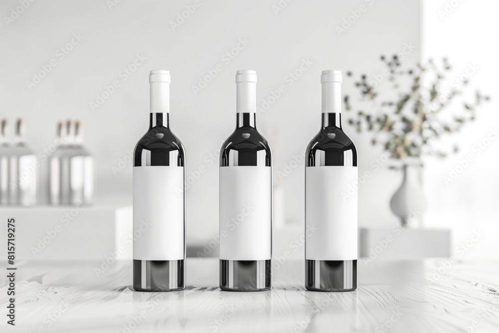 Three wine bottles with white labels on table Three wine bottles with white labels on table