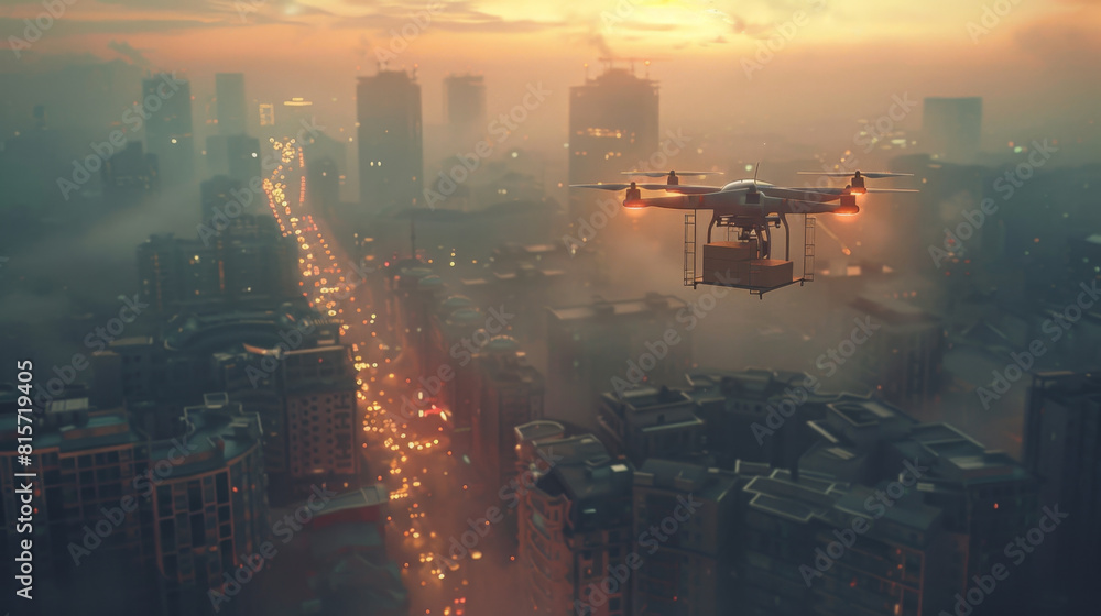 Drone delivering package to urban rooftop, cityscape background, future of delivery
