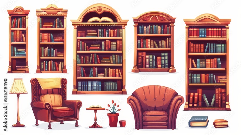 A library furniture set isolated on a white background. This modern cartoon illustration shows wooden bookcases, books on shelves, a cozy armchair with cushions, a lamp, a flower pot, a reading