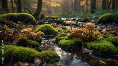 fall  season  atmosphere  lovely  small  mushrooms  forest  floor  damp  moss  fallen  leaves  pond  beneath  sun  raindrops  autumn  woodland  foliage  nature  outdoors  cozy  tranquility  serenity  