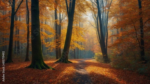 Serene forest in autumn illuminated by soft sunlight filtering through trees  casting warm glow on golden leaves that have fallen to ground. Narrow path winds through woods.