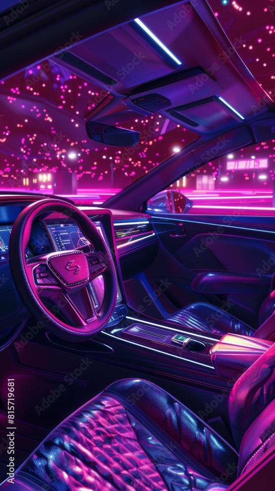 Purple and black interior of a car with a pink light Purple and black interior of a car with a pink light