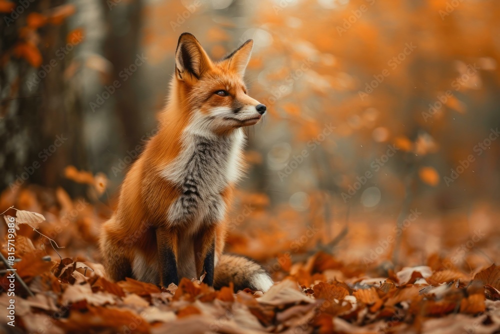 Beautiful red fox sits among fallen leaves in a vibrant autumn forest Beautiful red fox sits among fallen leaves in a vibrant autumn forest