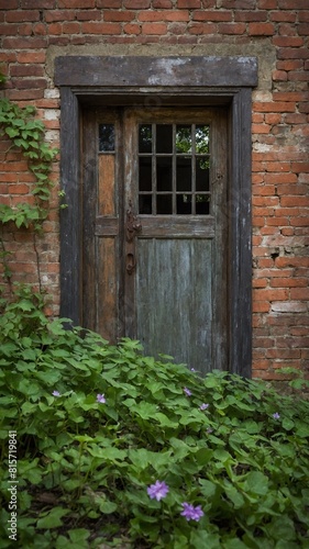 Rustic wooden door with small window set into weathered brick wall, surrounded by creeping ivy, overgrown greenery. Doors aged wood, marked by time, contrasts with red bricks.