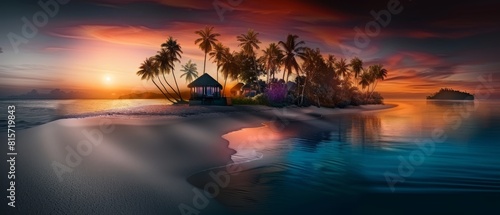 Tropical Beach Sunset with Distant Planet.