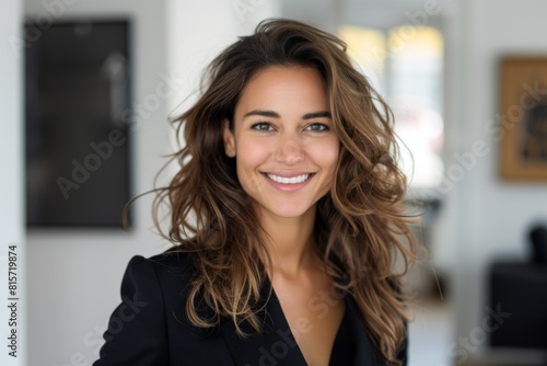 Portrait of a confident young woman with a bright smile, standing in a modern office setting, representing success and professionalism. Free Download Portrait of a confident young woman with a bright smile, standing in a modern office setting, representing success and professionalism. - GFXLoad
