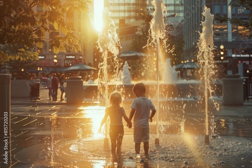 Two children holding hands and playing in a city fountain at sunset, creating a joyful and nostalgic moment.