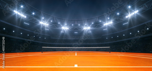Modern sport stadium at night and clay tennis court ready for the match. Professional sports background for advertisement.