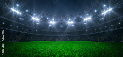 Modern sport stadium at night and soccer or football field ready for the game. Professional sports background for advertisement.