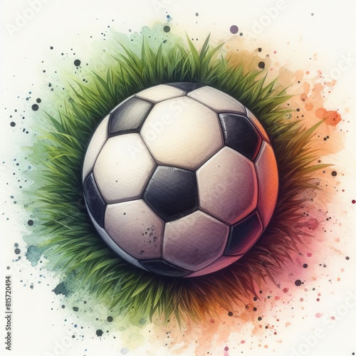 soccer ball on the lawn top view  white background  watercolor gradient illustration