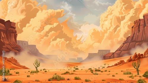 A cartoon modern illustration of a western desert landscape during a sandstorm, with rocky cliffs, green trees, dust and smog in the air, and a cloudy mud sky. photo