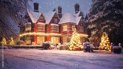 Christmas in the countryside manor, English country house mansion decorated for holidays on a snowy winter evening with snow and holiday lights, Merry Christmas and Happy Holidays design © Anneleven