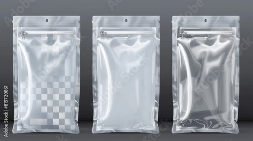 Modern illustration set of templates for transparent clear empty sachets with zippers. Nylon pouch pockets. Vinyl packages with locks for food storage.