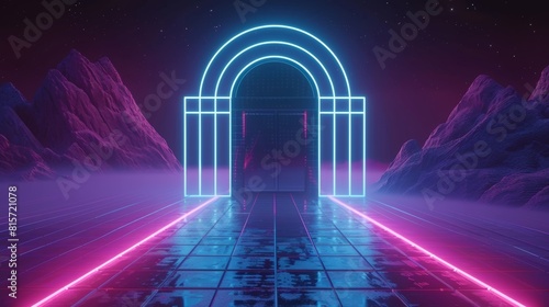 Game background with neon synthwave arch and retro grid. Vaporwave abstract in cyber space with gate. 1980 disco floor with door.