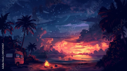 Coastal beach with night campfire in rv car. Camp motorhome in summer. Tropical summer scene design with palm tree and stars in sky.