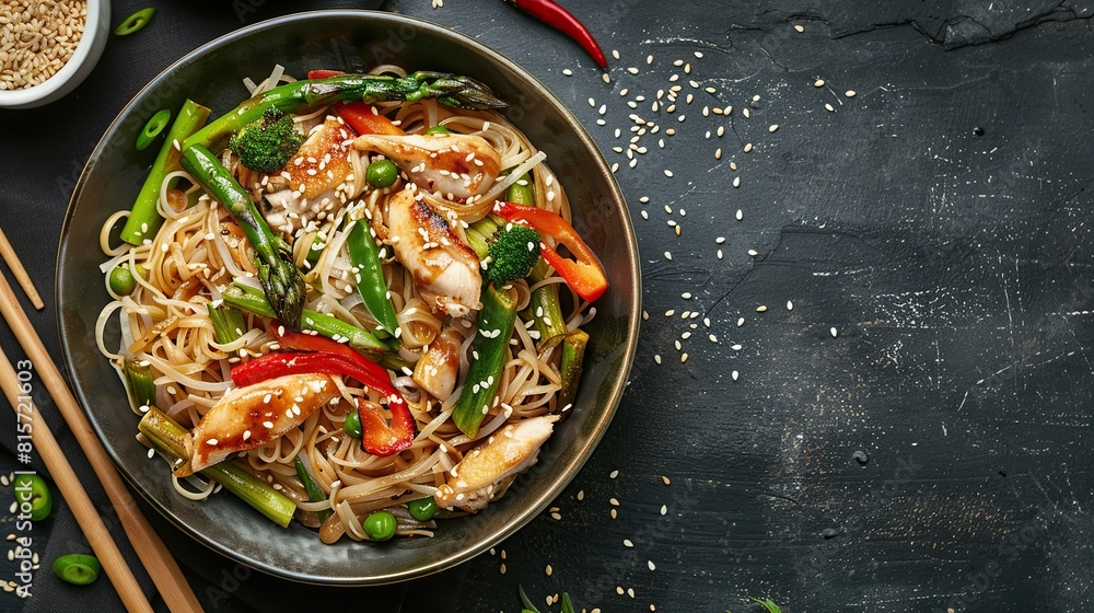 Tasty dish of Asian cuisine with rice noodles on dark concrete background. AI Generative Tasty dish of Asian cuisine with rice noodles on dark concrete background. AI Generative