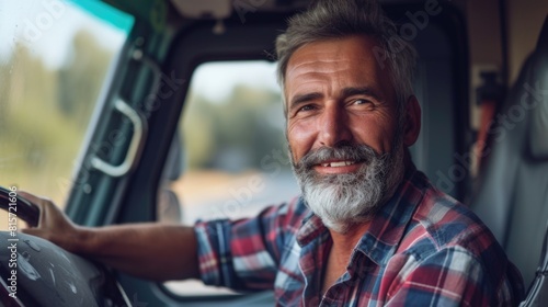Mature truck driver in cabin. Transportation and logistics concept.
