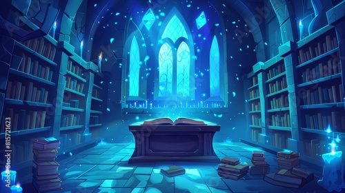 A magical school room with a book-centered background. A medieval fairy tale class studying sorcery spells and wizardry. An ancient teacher table in the center of the campus. photo