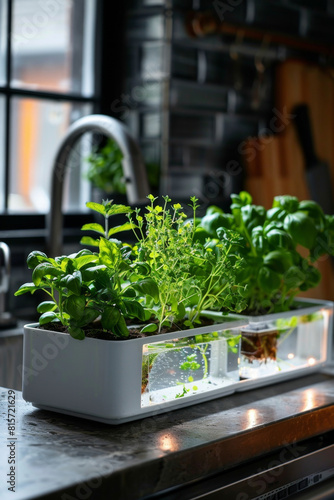 LED grow lights nurture basil, mint, and parsley in water-based solution on kitchen countertop.